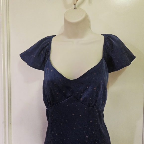 Lark + Grey Navy Blue/Brown Star Print Flutter Sleeve Midi Dress,Large - Picture 9 of 16